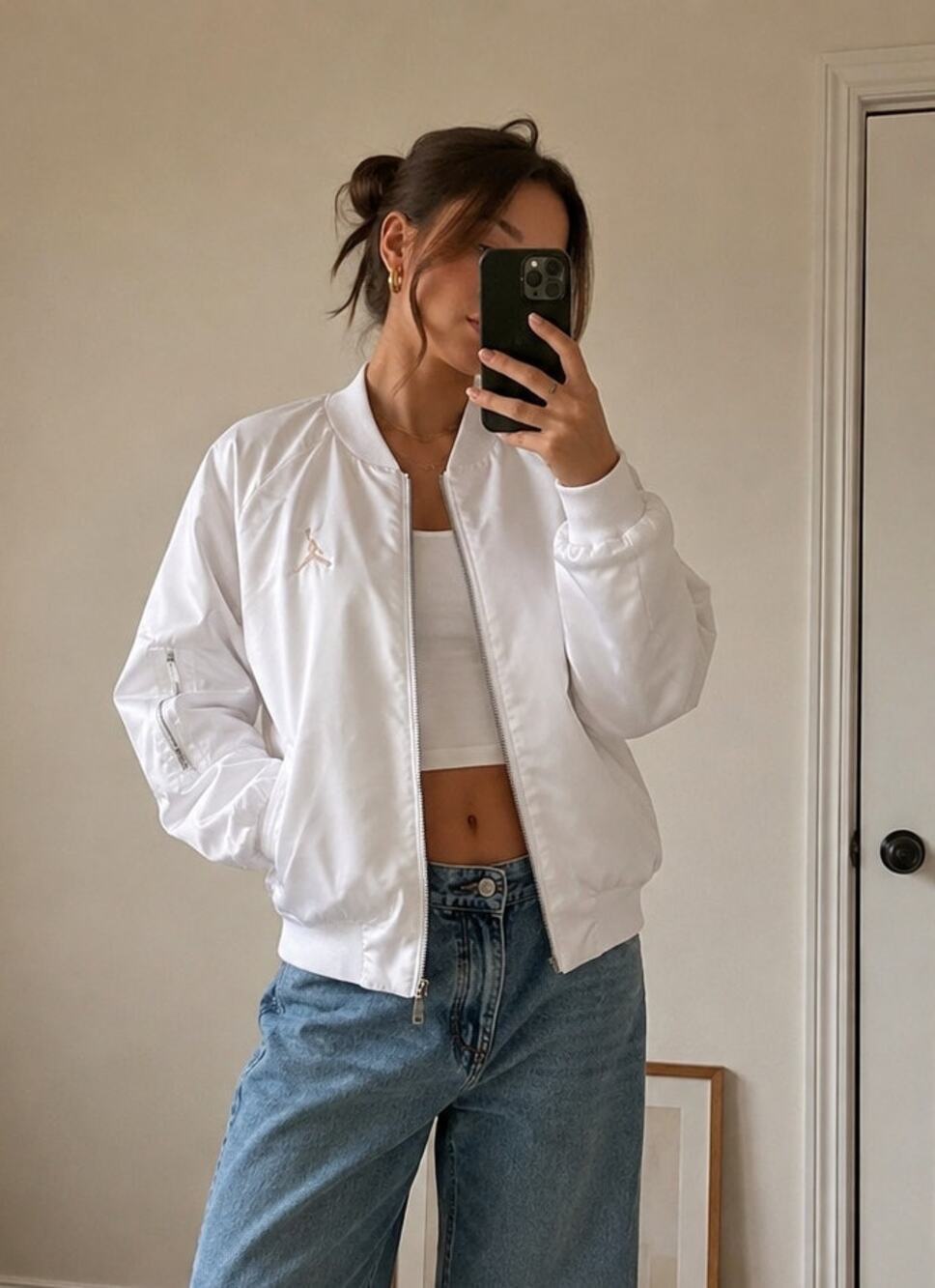 Nike Air Jordan Women's Wings MA-1 Bomber Jacket White Size M Full Zip